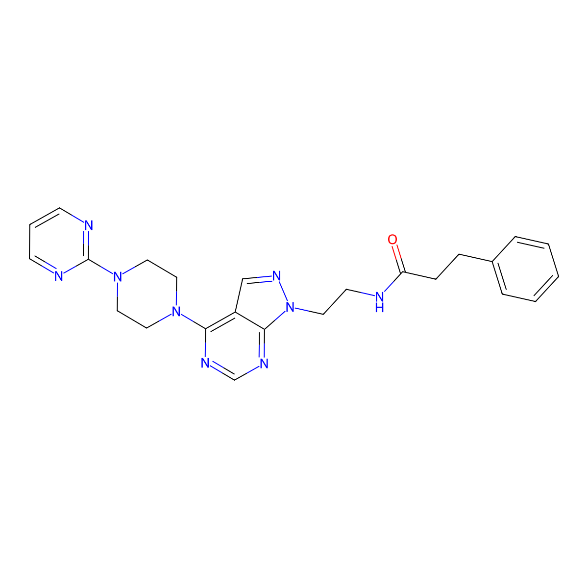 3-phenyl-N-(2-(4-(4-(pyrimidin-2-yl)piperazin-1-yl)-1H-pyrazolo[3,4-d]pyrimidin-1-yl)ethyl)propanamide molecular structure, CAS 1021061-37-9
