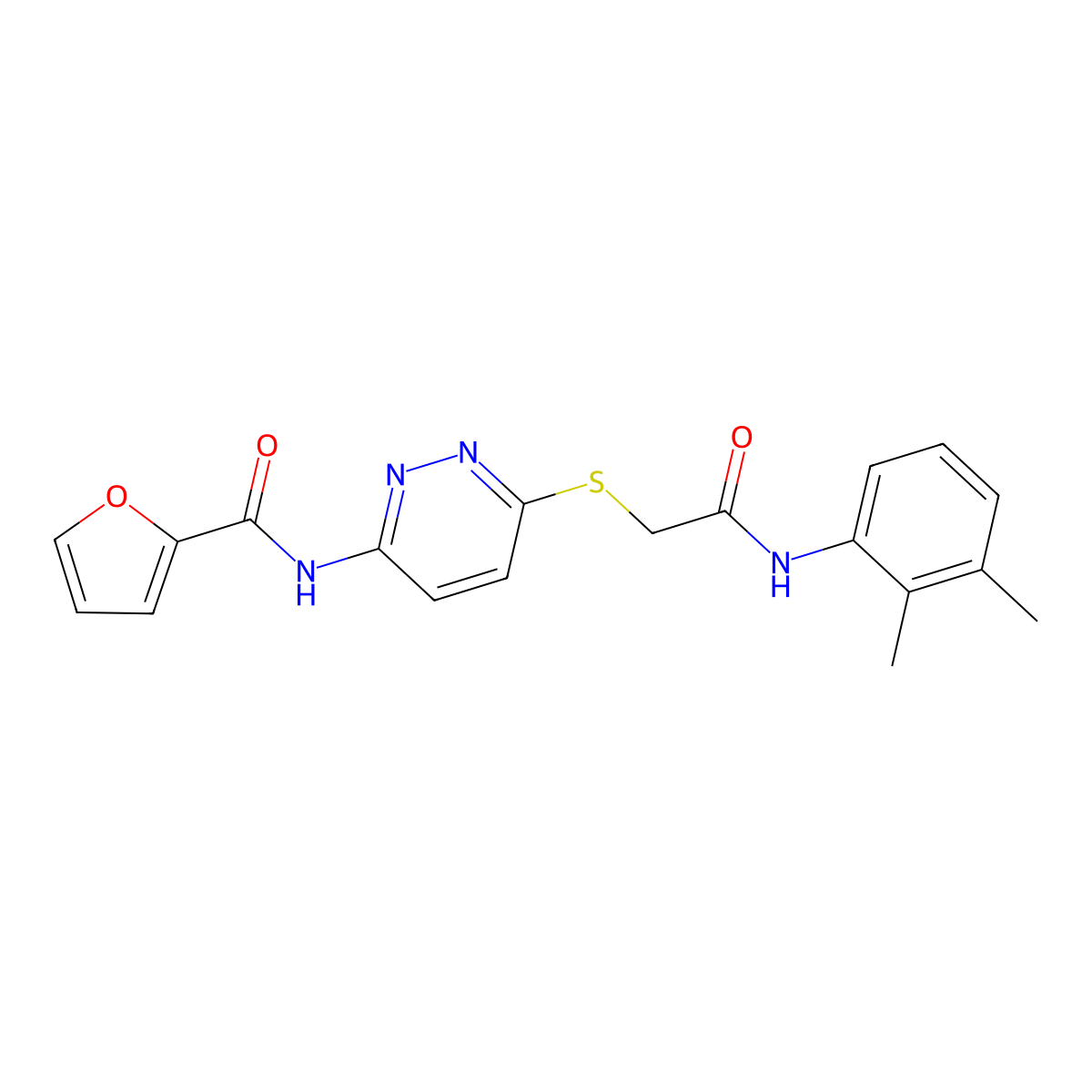 N-(6-((2-((2,3-dimethylphenyl)amino)-2-oxoethyl)thio)pyridazin-3-yl)furan-2-carboxamide molecular structure, CAS 1021061-38-0