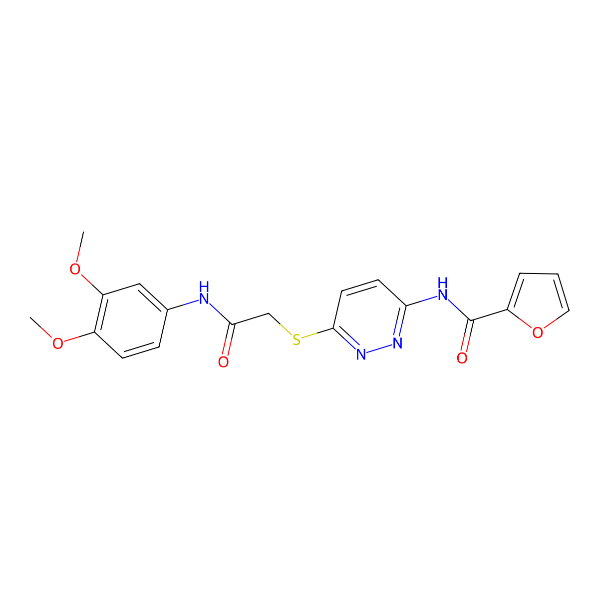 N-(6-((2-((3,4-dimethoxyphenyl)amino)-2-oxoethyl)thio)pyridazin-3-yl)furan-2-carboxamide molecular structure, CAS 1021061-41-5