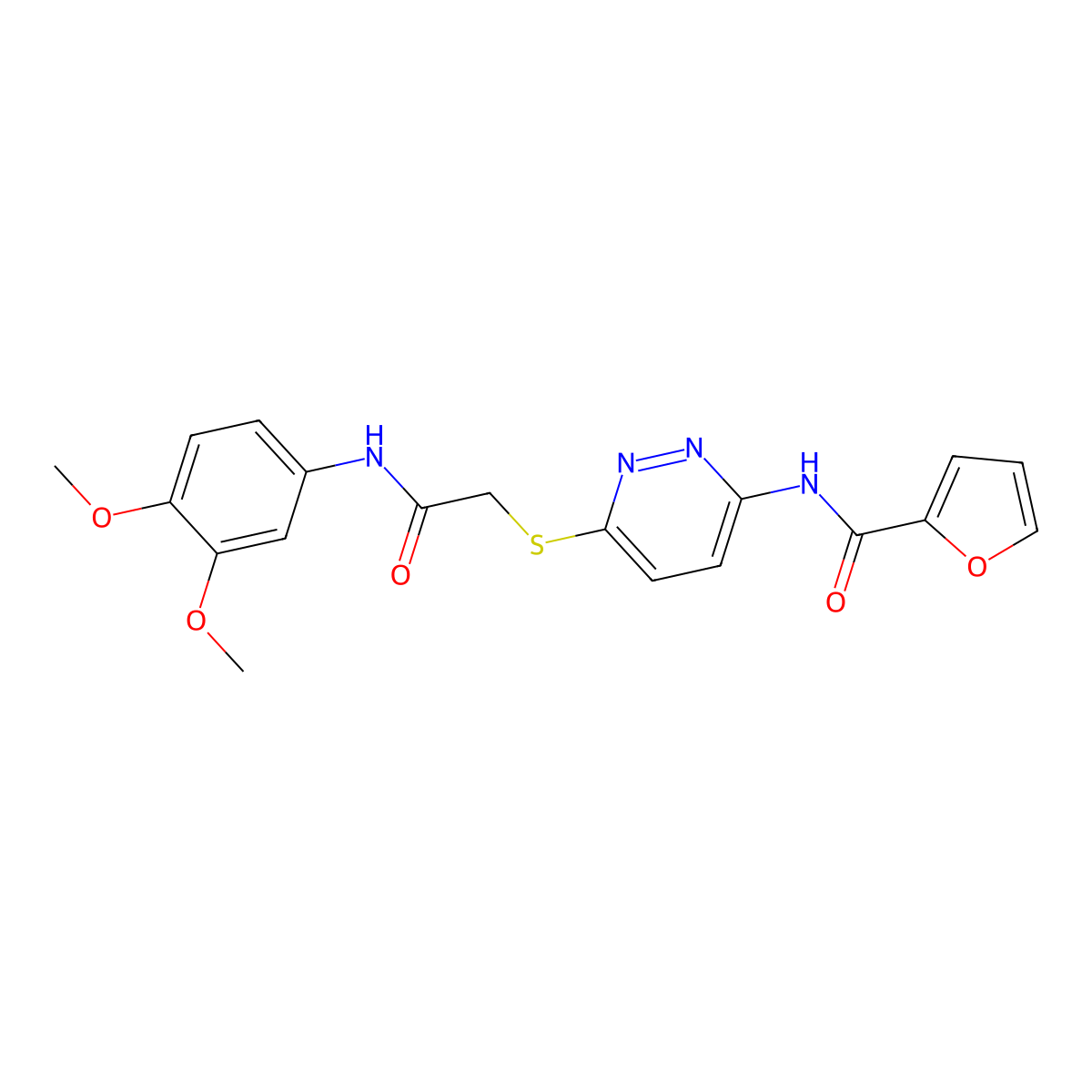 N-(6-((2-((3,4-dimethoxyphenyl)amino)-2-oxoethyl)thio)pyridazin-3-yl)furan-2-carboxamide molecular structure, CAS 1021061-41-5