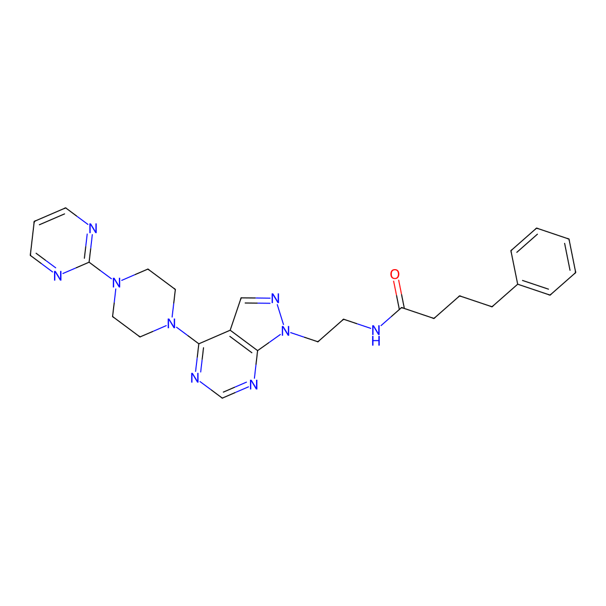 4-phenyl-N-(2-(4-(4-(pyrimidin-2-yl)piperazin-1-yl)-1H-pyrazolo[3,4-d]pyrimidin-1-yl)ethyl)butanamide molecular structure, CAS 1021061-43-7