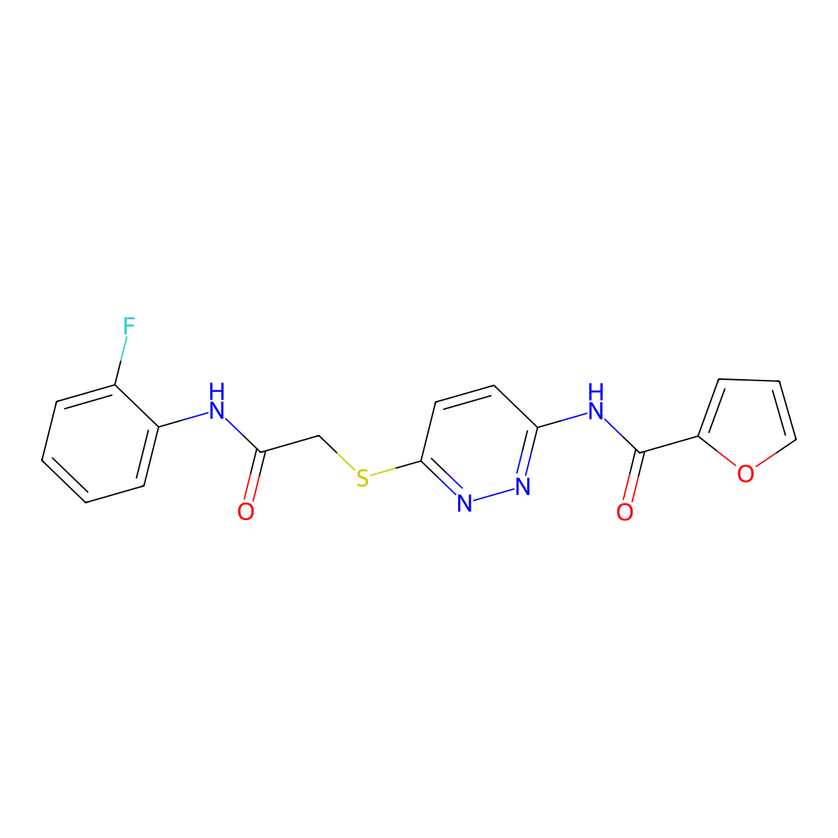 N-(6-((2-((2-fluorophenyl)amino)-2-oxoethyl)thio)pyridazin-3-yl)furan-2-carboxamide molecular structure, CAS 1021061-44-8