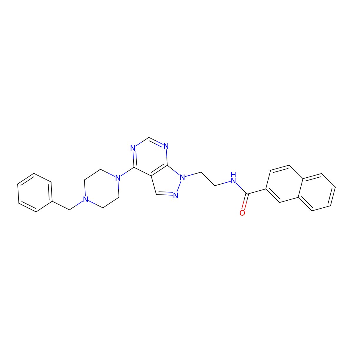 N-(2-(4-(4-benzylpiperazin-1-yl)-1H-pyrazolo[3,4-d]pyrimidin-1-yl)ethyl)-2-naphthamide molecular structure, CAS 1021061-49-3