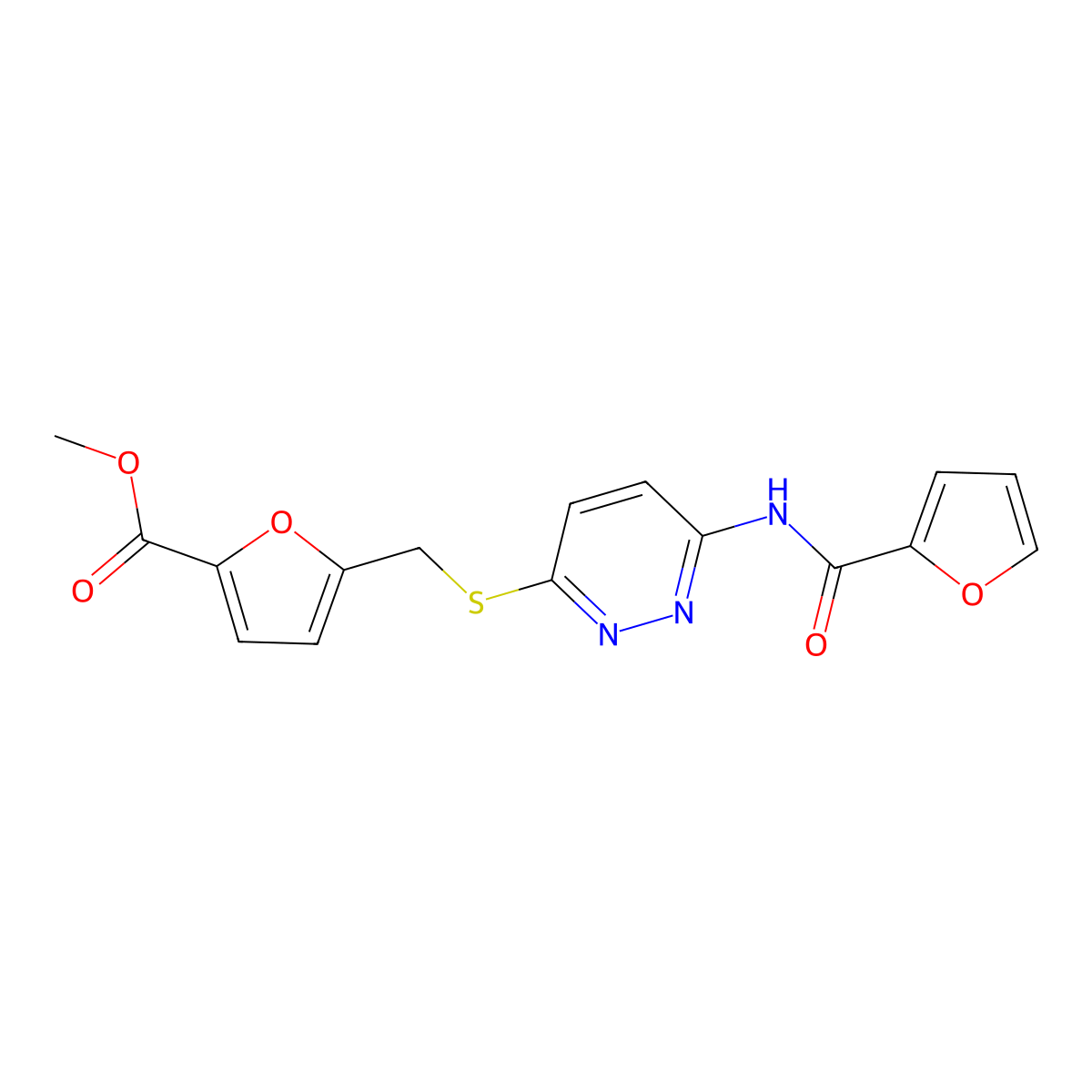 Methyl 5-(((6-(furan-2-carboxamido)pyridazin-3-yl)thio)methyl)furan-2-carboxylate molecular structure, CAS 1021061-50-6