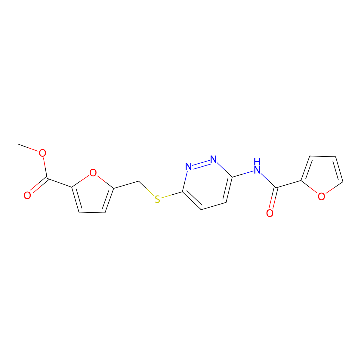 Methyl 5-(((6-(furan-2-carboxamido)pyridazin-3-yl)thio)methyl)furan-2-carboxylate molecular structure, CAS 1021061-50-6