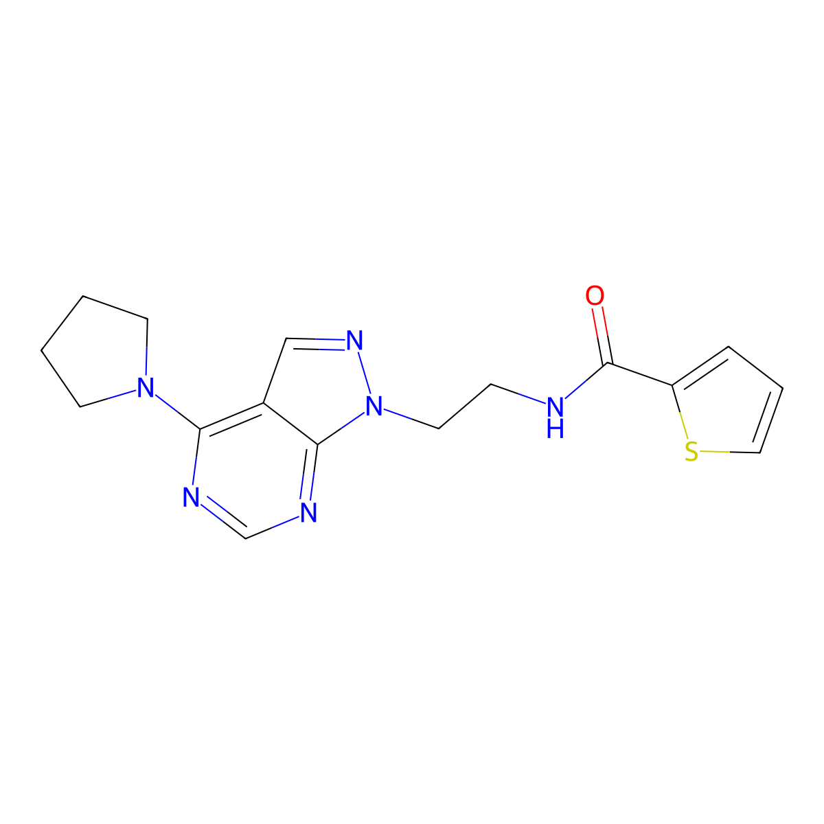 N-(2-(4-(pyrrolidin-1-yl)-1H-pyrazolo[3,4-d]pyrimidin-1-yl)ethyl)thiophene-2-carboxamide molecular structure, CAS 1021061-55-1