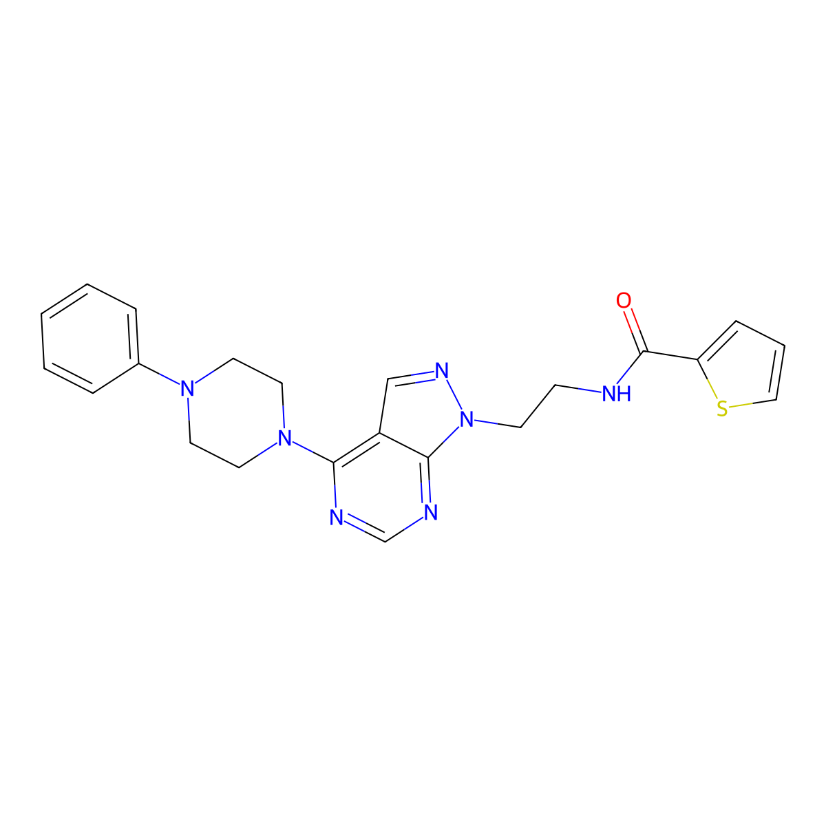 N-(2-(4-(4-phenylpiperazin-1-yl)-1H-pyrazolo[3,4-d]pyrimidin-1-yl)ethyl)thiophene-2-carboxamide molecular structure, CAS 1021061-58-4