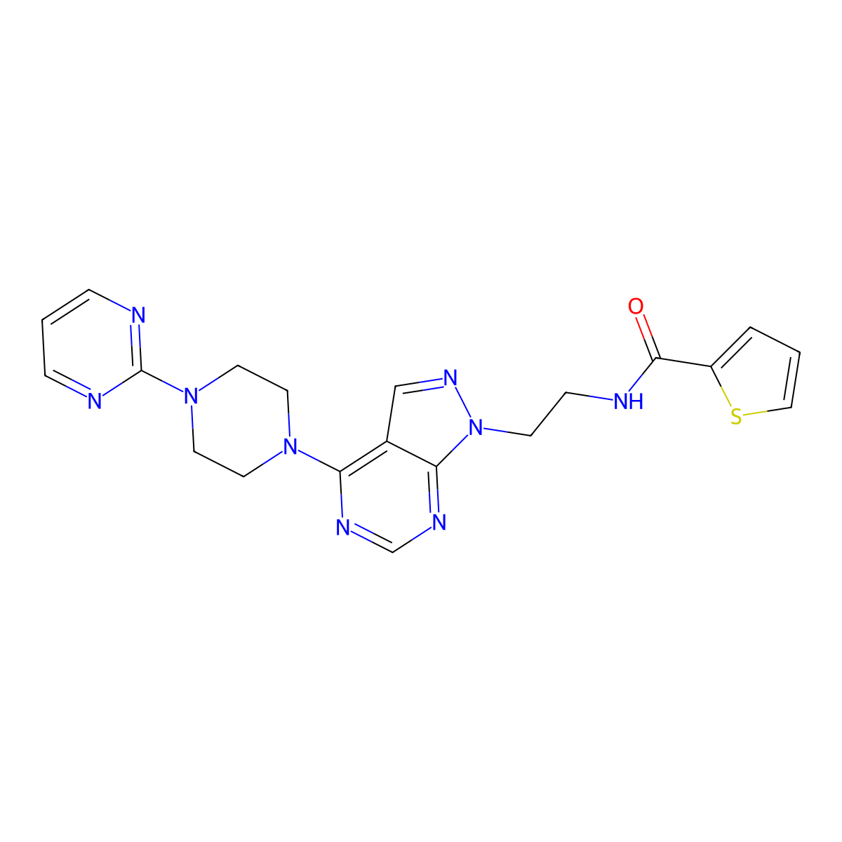 N-(2-(4-(4-(pyrimidin-2-yl)piperazin-1-yl)-1H-pyrazolo[3,4-d]pyrimidin-1-yl)ethyl)thiophene-2-carboxamide molecular structure, CAS 1021061-61-9