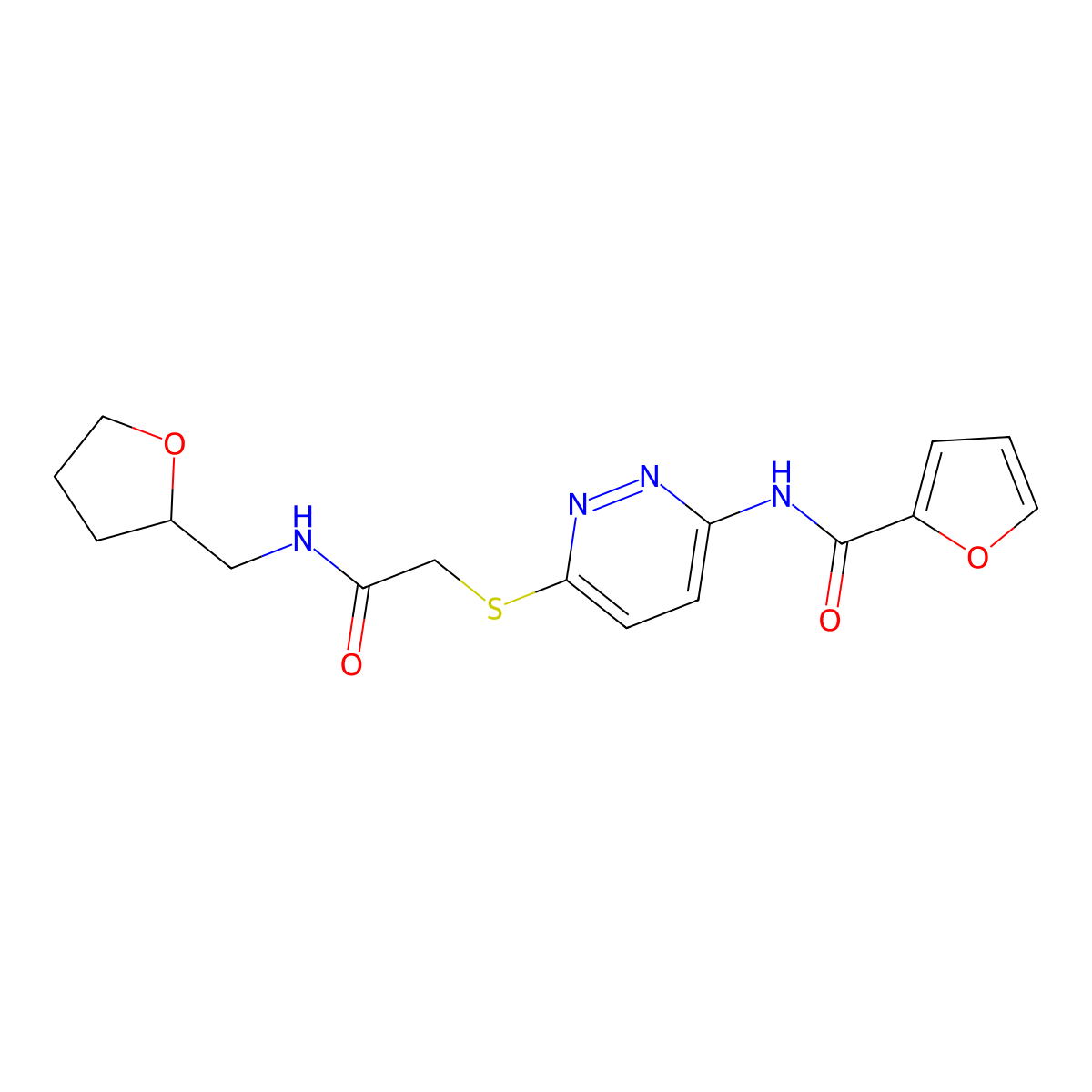 N-(6-((2-oxo-2-(((tetrahydrofuran-2-yl)methyl)amino)ethyl)thio)pyridazin-3-yl)furan-2-carboxamide molecular structure, CAS 1021061-65-3