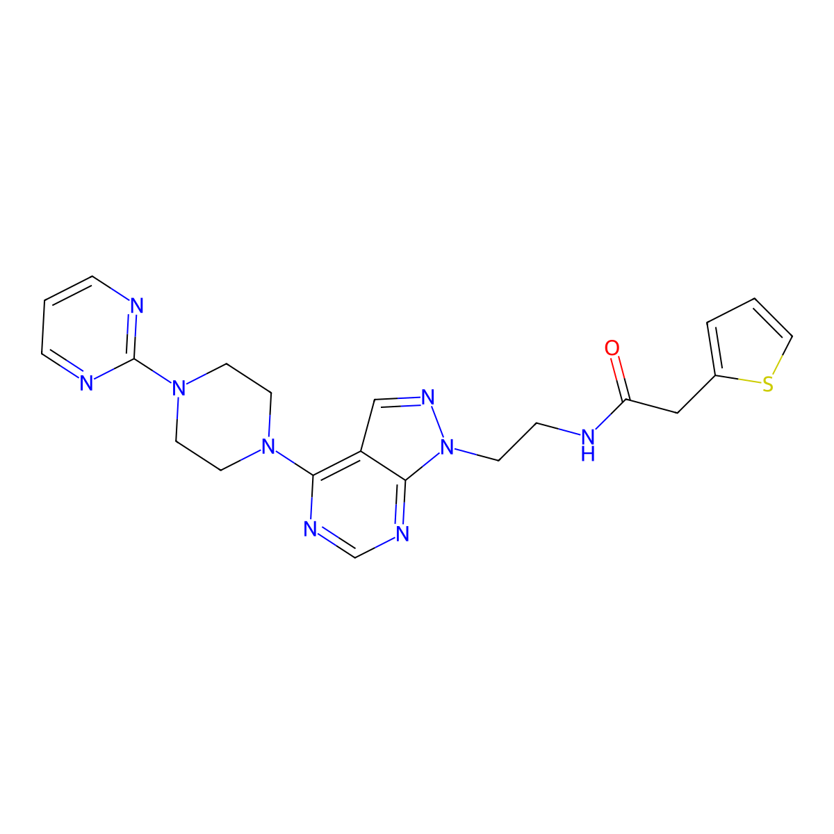 N-(2-(4-(4-(pyrimidin-2-yl)piperazin-1-yl)-1H-pyrazolo[3,4-d]pyrimidin-1-yl)ethyl)-2-(thiophen-2-yl)acetamide molecular structure, CAS 1021061-67-5
