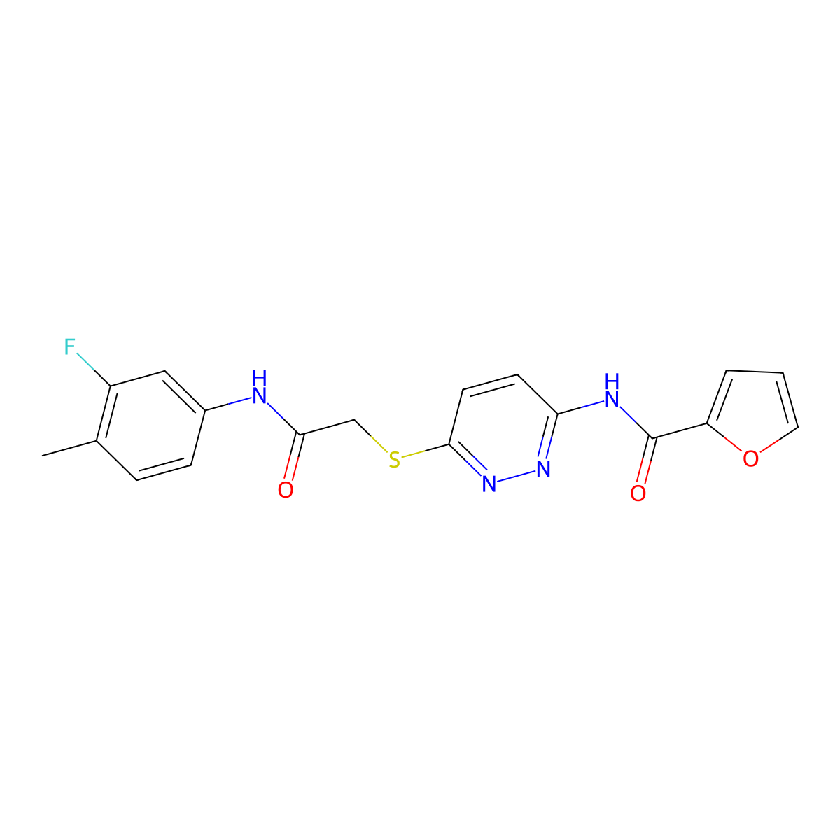 N-(6-((2-((3-fluoro-4-methylphenyl)amino)-2-oxoethyl)thio)pyridazin-3-yl)furan-2-carboxamide molecular structure, CAS 1021061-68-6