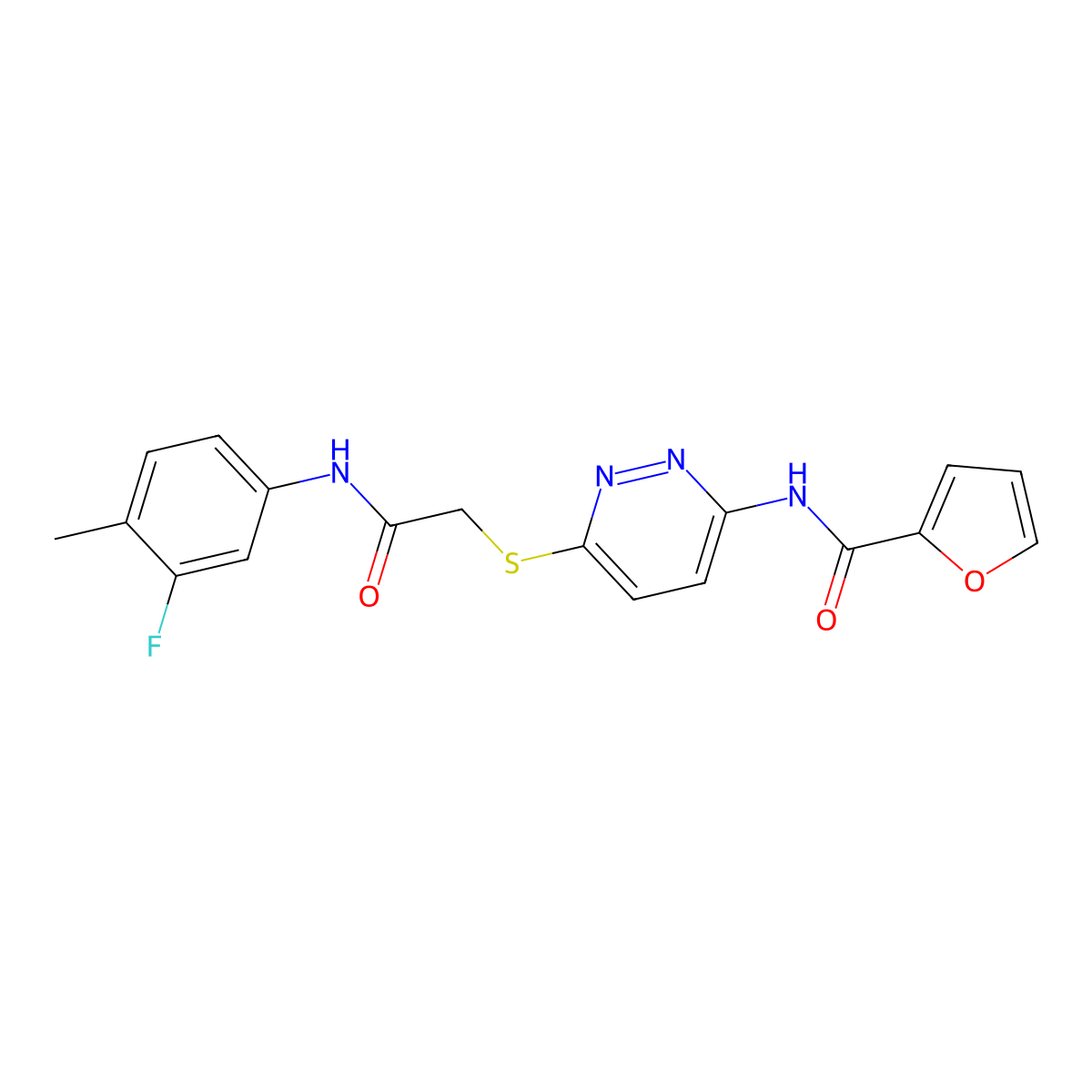 N-(6-((2-((3-fluoro-4-methylphenyl)amino)-2-oxoethyl)thio)pyridazin-3-yl)furan-2-carboxamide molecular structure, CAS 1021061-68-6