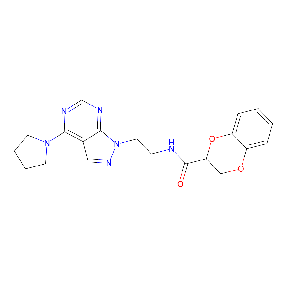 N-(2-(4-(pyrrolidin-1-yl)-1H-pyrazolo[3,4-d]pyrimidin-1-yl)ethyl)-2,3-dihydrobenzo[b][1,4]dioxine-2-carboxamide molecular structure, CAS 1021061-73-3