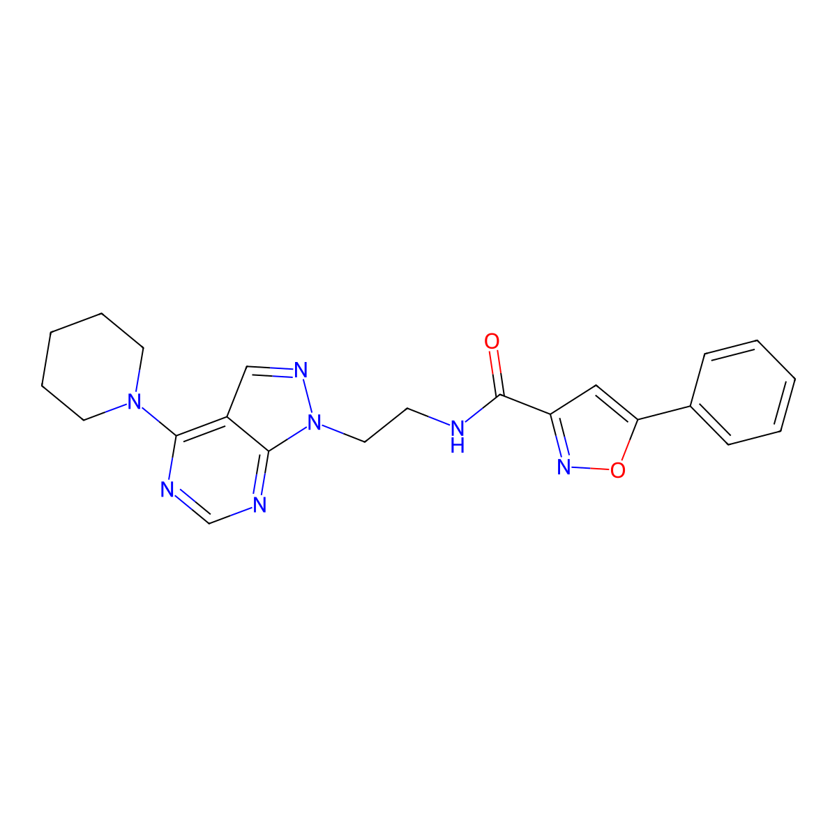 5-phenyl-N-(2-(4-(piperidin-1-yl)-1H-pyrazolo[3,4-d]pyrimidin-1-yl)ethyl)isoxazole-3-carboxamide molecular structure, CAS 1021061-76-6