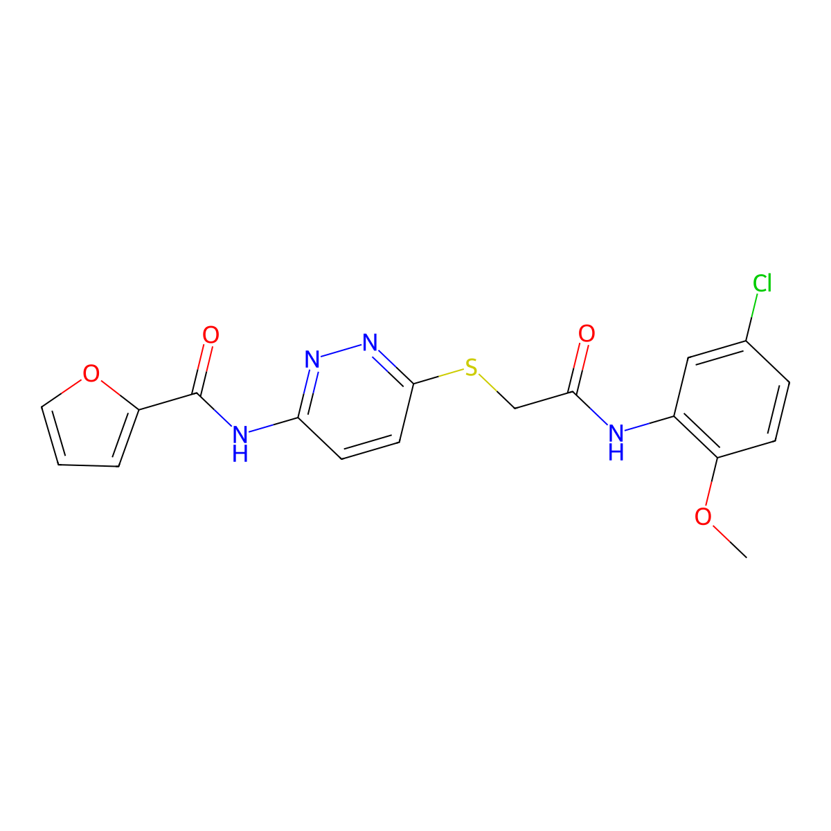 N-(6-((2-((5-chloro-2-methoxyphenyl)amino)-2-oxoethyl)thio)pyridazin-3-yl)furan-2-carboxamide molecular structure, CAS 1021061-77-7