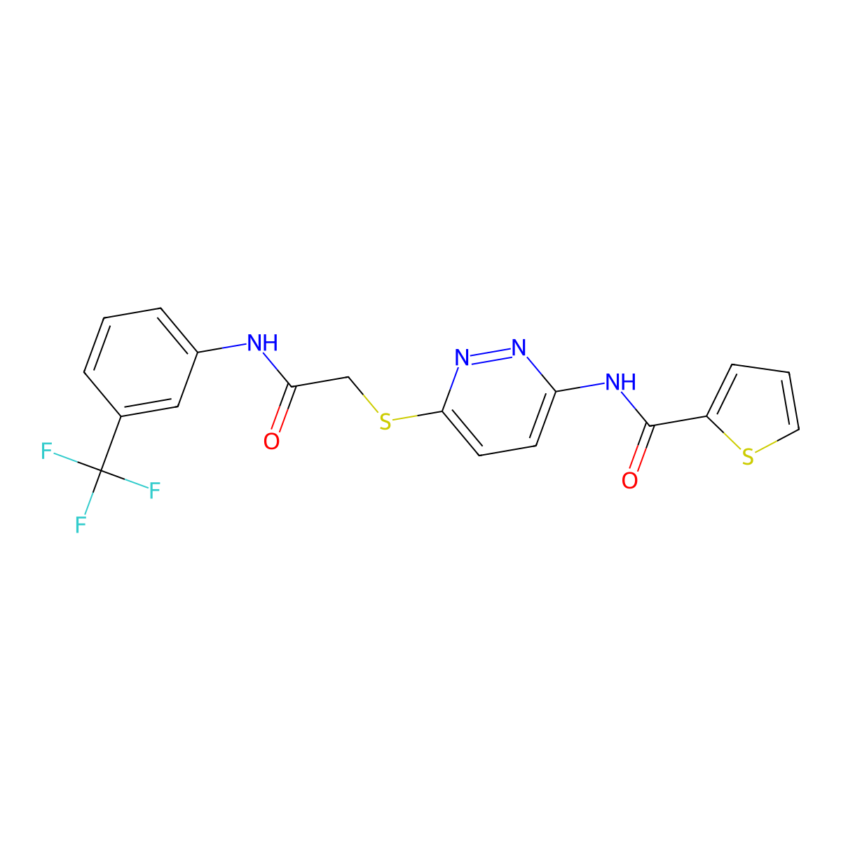 N-(6-((2-oxo-2-((3-(trifluoromethyl)phenyl)amino)ethyl)thio)pyridazin-3-yl)thiophene-2-carboxamide molecular structure, CAS 1021061-86-8