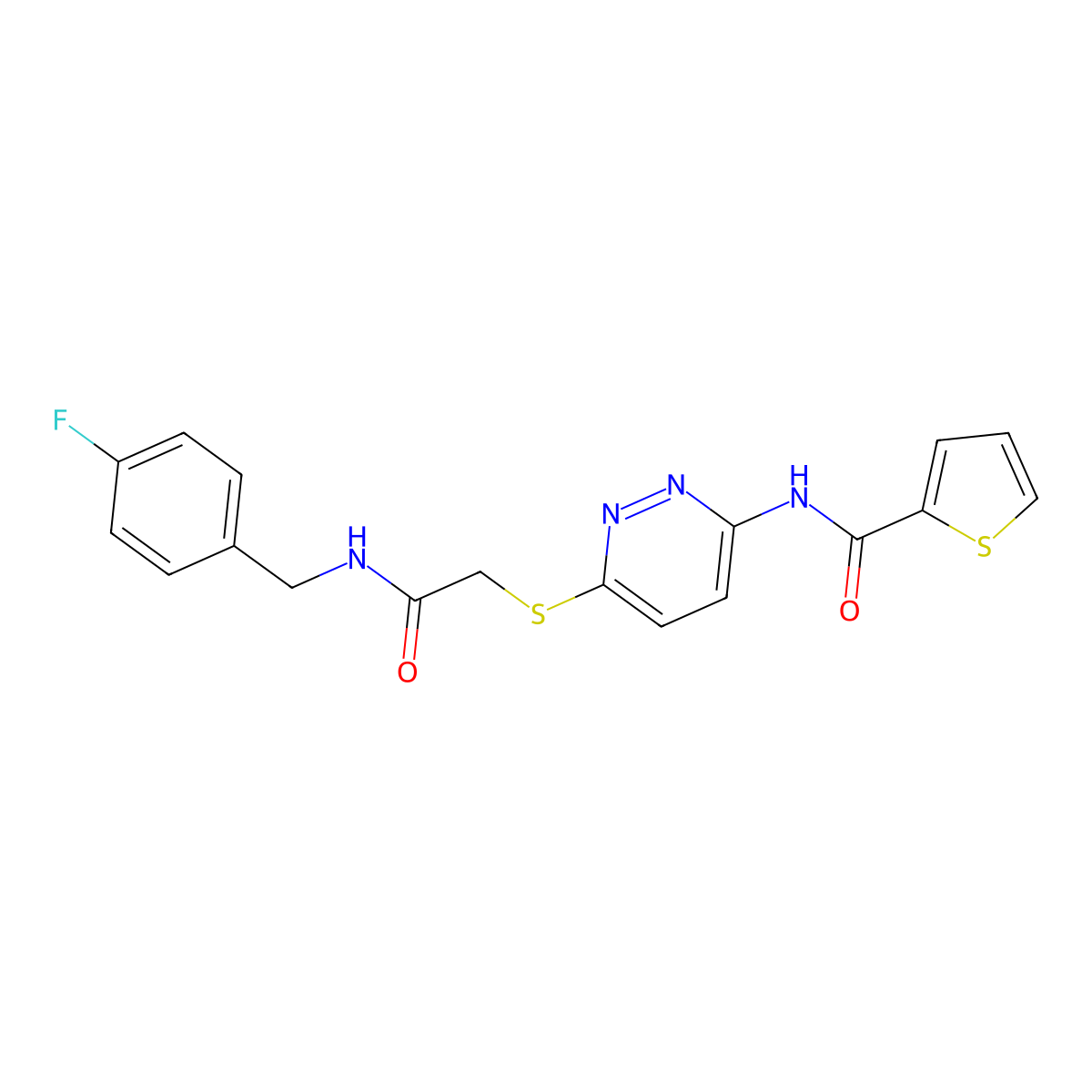 N-(6-((2-((4-fluorobenzyl)amino)-2-oxoethyl)thio)pyridazin-3-yl)thiophene-2-carboxamide molecular structure, CAS 1021061-92-6
