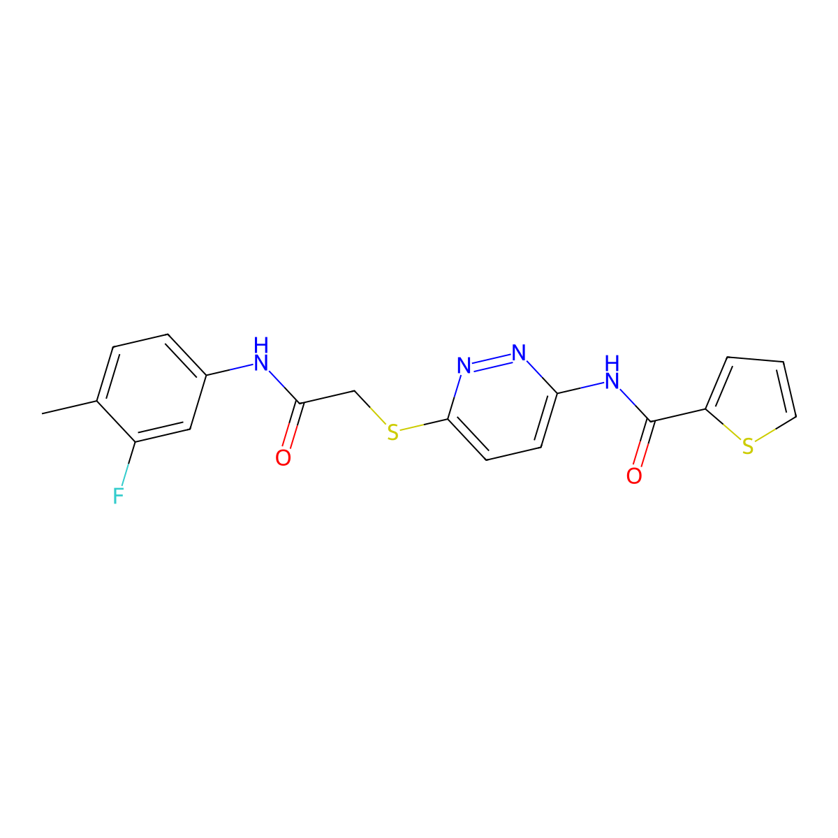 N-(6-((2-((3-fluoro-4-methylphenyl)amino)-2-oxoethyl)thio)pyridazin-3-yl)thiophene-2-carboxamide molecular structure, CAS 1021062-05-4