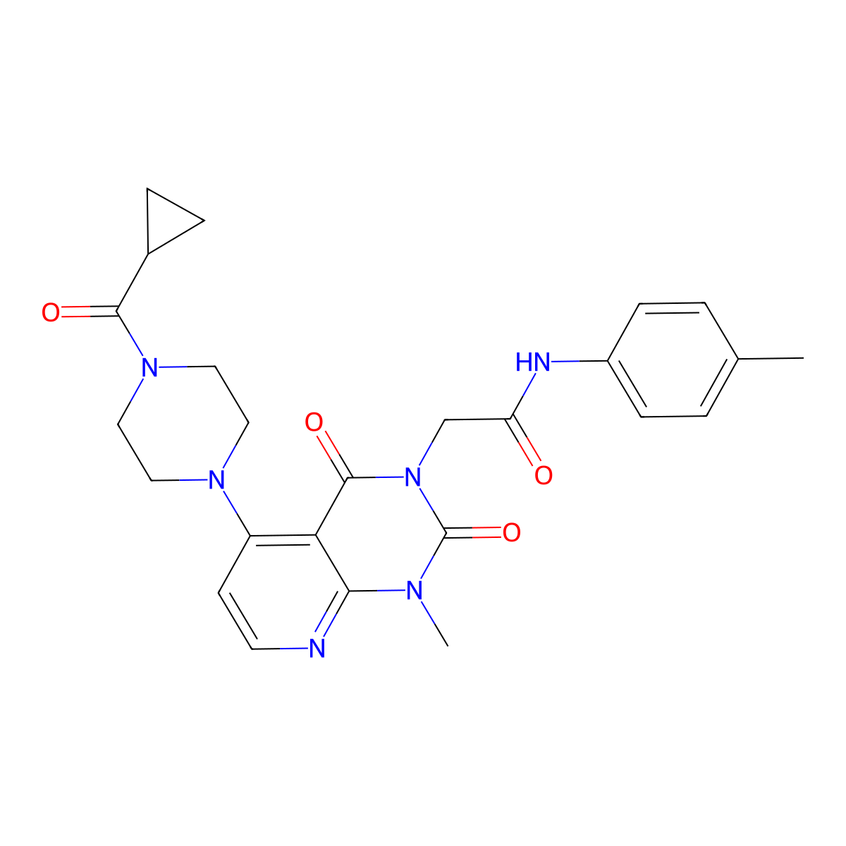 2-(5-(4-(cyclopropanecarbonyl)piperazin-1-yl)-1-methyl-2,4-dioxo-1,2-dihydropyrido[2,3-d]pyrimidin-3(4H)-yl)-N-(p-tolyl)acetamide molecular structure, CAS 1021062-07-6