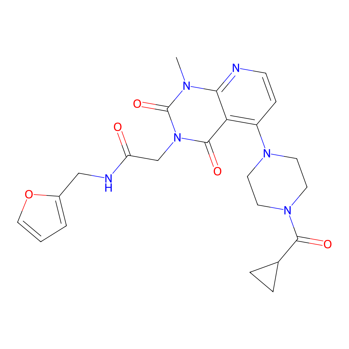 2-(5-(4-(cyclopropanecarbonyl)piperazin-1-yl)-1-methyl-2,4-dioxo-1,2-dihydropyrido[2,3-d]pyrimidin-3(4H)-yl)-N-(furan-2-ylmethyl)acetamide molecular structure, CAS 1021062-10-1