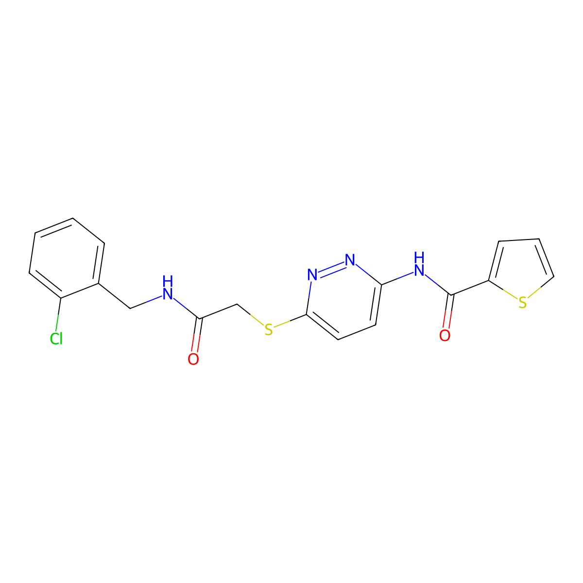 N-(6-((2-((2-chlorobenzyl)amino)-2-oxoethyl)thio)pyridazin-3-yl)thiophene-2-carboxamide molecular structure, CAS 1021062-11-2