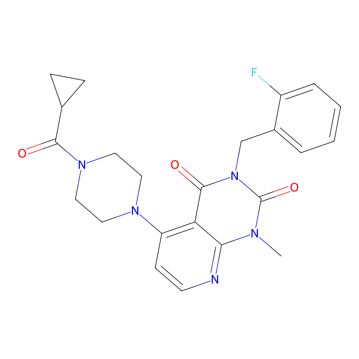 5-(4-(cyclopropanecarbonyl)piperazin-1-yl)-3-(2-fluorobenzyl)-1-methylpyrido[2,3-d]pyrimidine-2,4(1H,3H)-dione molecular structure, CAS 1021062-13-4