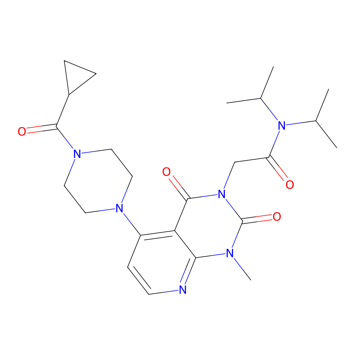 2-(5-(4-(cyclopropanecarbonyl)piperazin-1-yl)-1-methyl-2,4-dioxo-1,2-dihydropyrido[2,3-d]pyrimidin-3(4H)-yl)-N,N-diisopropylacetamide molecular structure, CAS 1021062-21-4