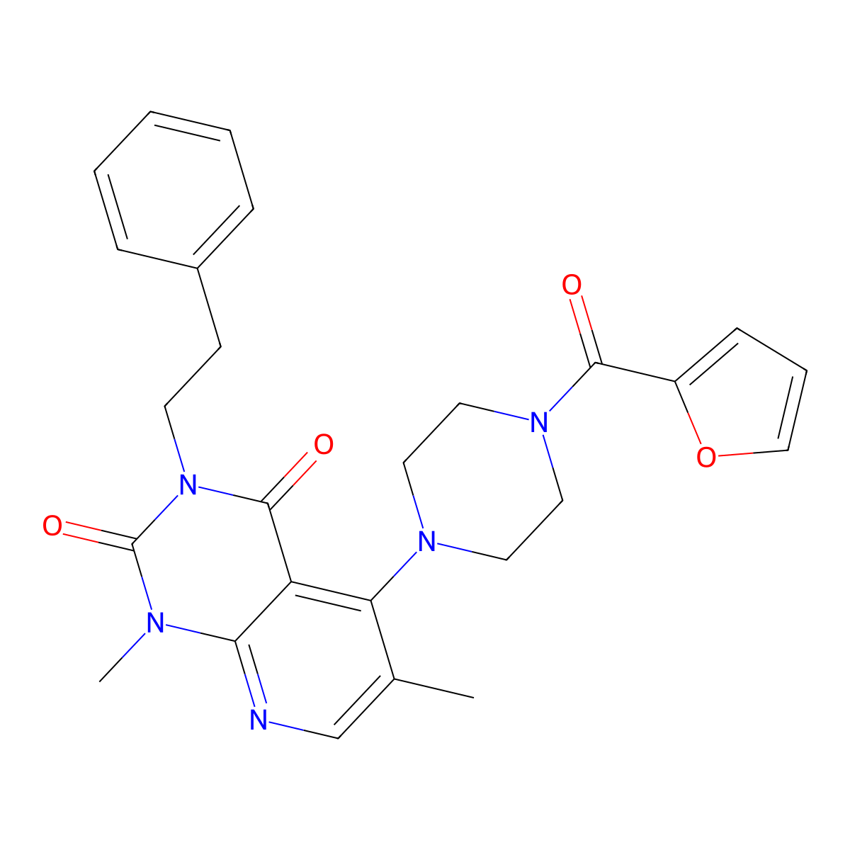 5-(4-(furan-2-carbonyl)piperazin-1-yl)-1,6-dimethyl-3-phenethylpyrido[2,3-d]pyrimidine-2,4(1H,3H)-dione molecular structure, CAS 1021062-26-9