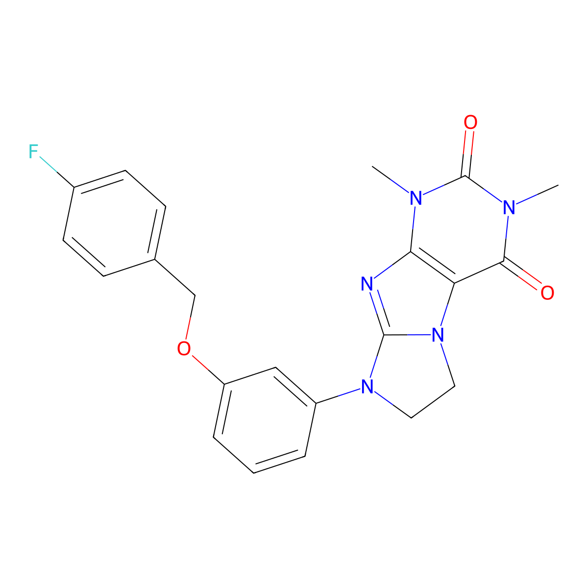 8-{3-[(4-Fluorophenyl)methoxy]phenyl}-1,3-dimethyl-1,3,5-trihydroimidazolidino [1,2-h]purine-2,4-dione molecular structure, CAS 1021065-36-0