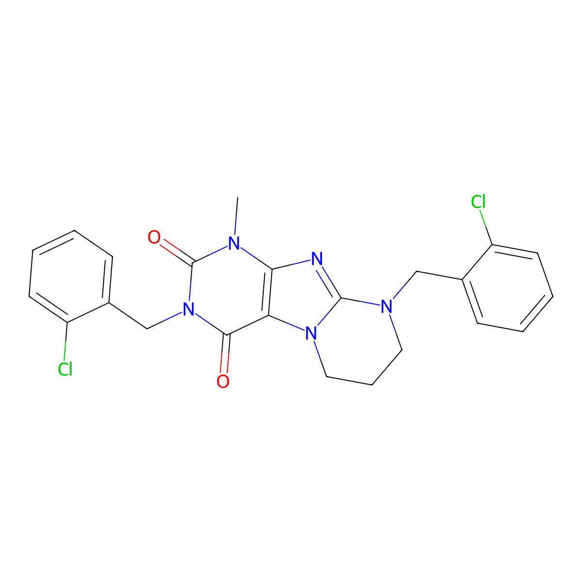 3,9-bis(2-chlorobenzyl)-1-methyl-6,7,8,9-tetrahydropyrimido[2,1-f]purine-2,4(1H,3H)-dione molecular structure, CAS 1021065-72-4