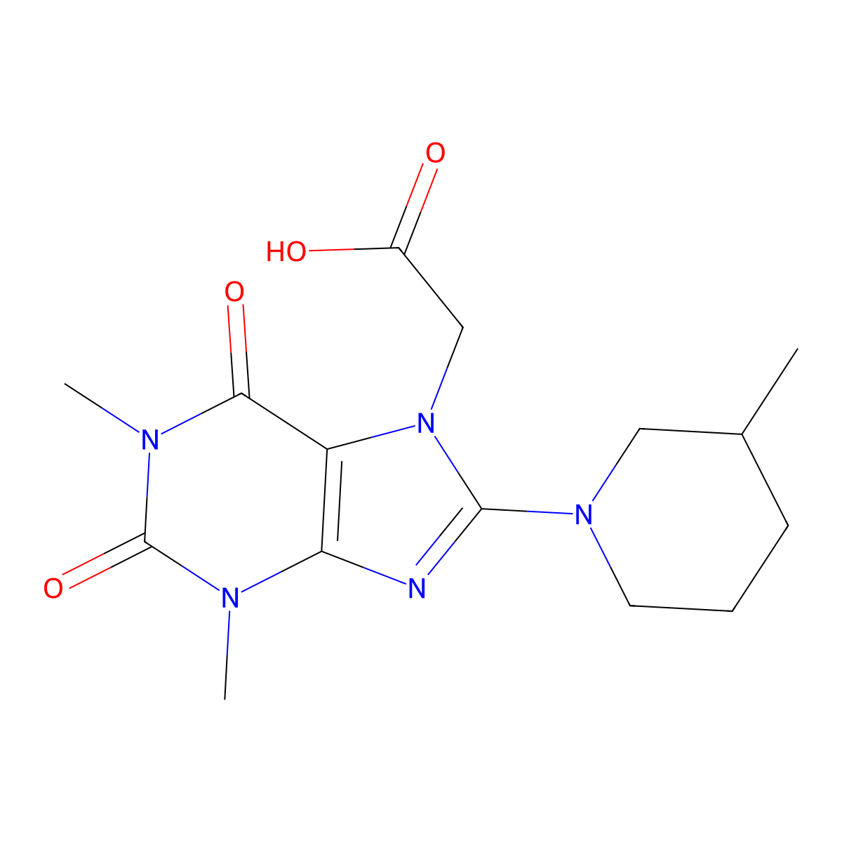 2-(1,3-dimethyl-8-(3-methylpiperidin-1-yl)-2,6-dioxo-2,3-dihydro-1H-purin-7(6H)-yl)acetic acid molecular structure, CAS 1021066-71-6