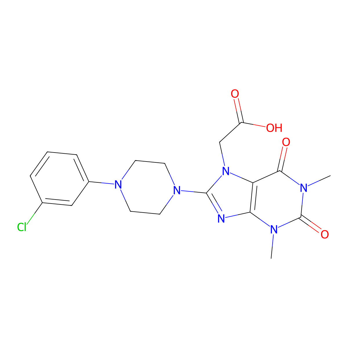 2-(8-(4-(3-chlorophenyl)piperazin-1-yl)-1,3-dimethyl-2,6-dioxo-2,3-dihydro-1H-purin-7(6H)-yl)acetic acid molecular structure, CAS 1021066-73-8