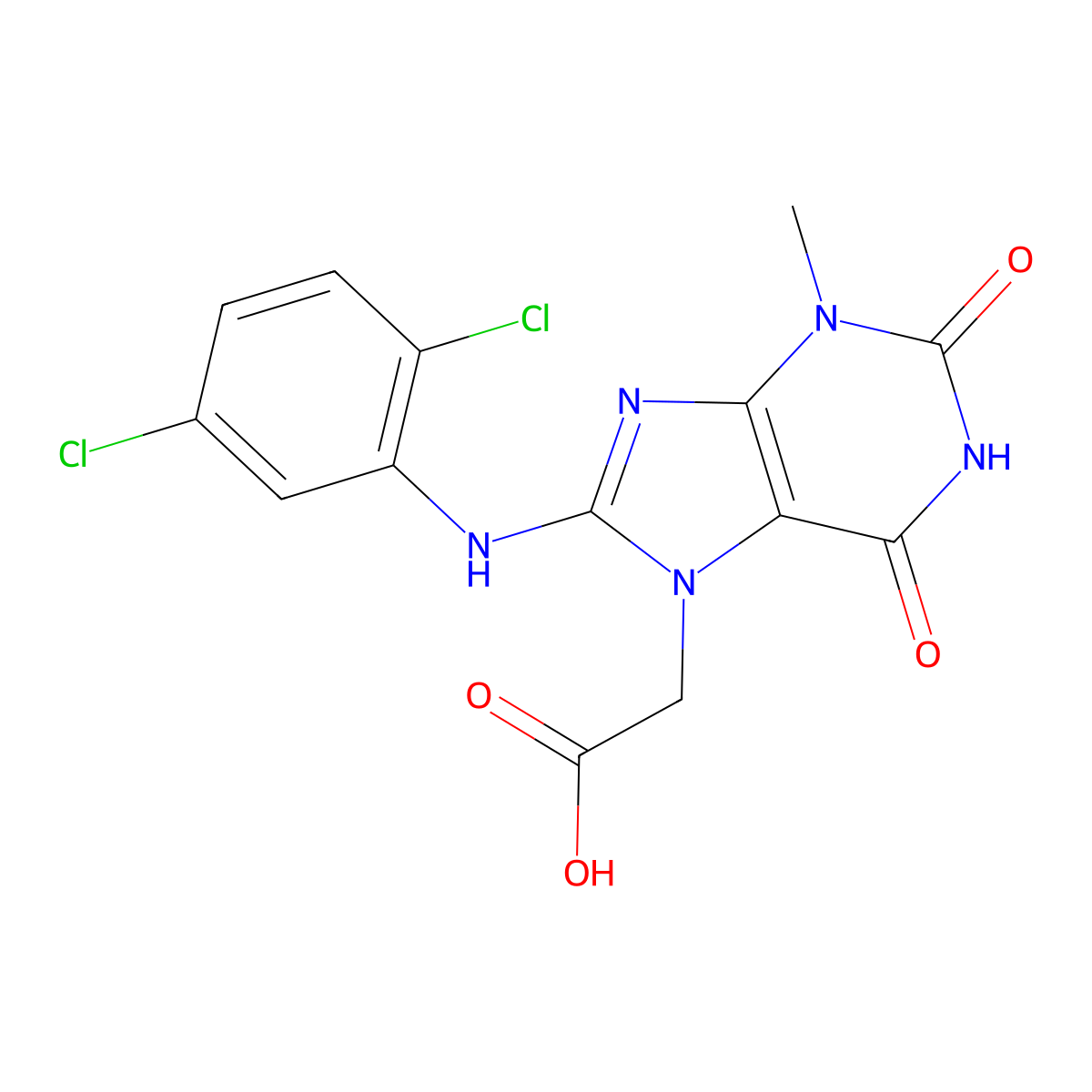 2-(8-((2,5-dichlorophenyl)amino)-3-methyl-2,6-dioxo-2,3-dihydro-1H-purin-7(6H)-yl)acetic acid molecular structure, CAS 1021066-75-0
