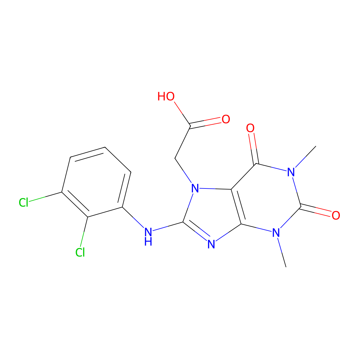 2-(8-((2,3-dichlorophenyl)amino)-1,3-dimethyl-2,6-dioxo-2,3-dihydro-1H-purin-7(6H)-yl)acetic acid molecular structure, CAS 1021066-77-2