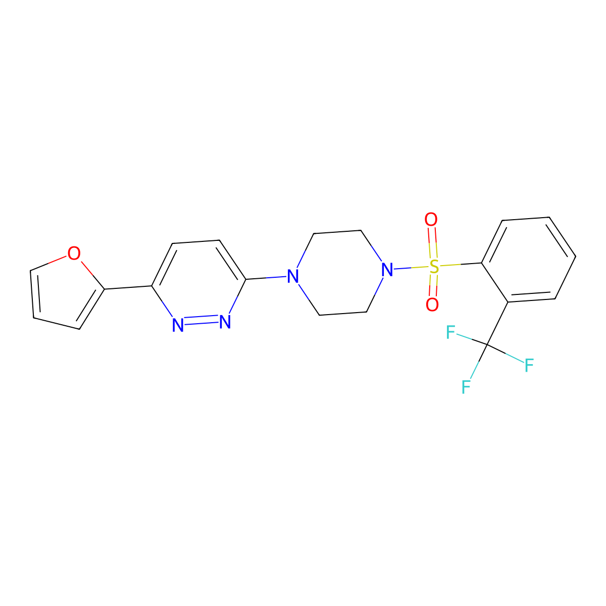 3-(Furan-2-yl)-6-(4-((2-(trifluoromethyl)phenyl)sulfonyl)piperazin-1-yl)pyridazine molecular structure, CAS 1021066-86-3