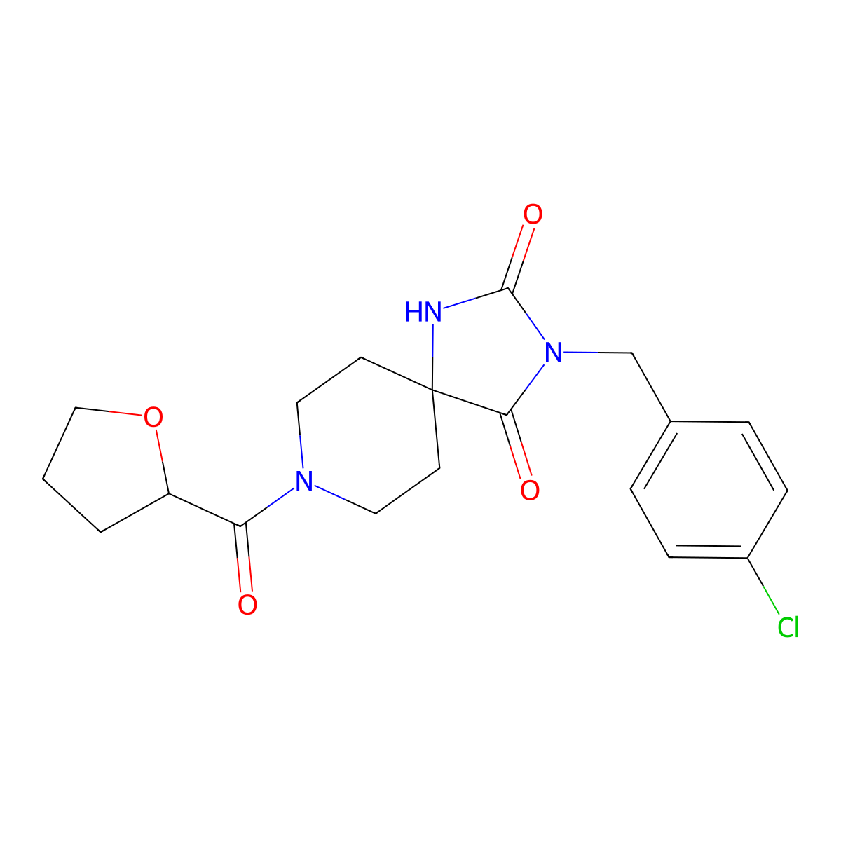 3-(4-Chlorobenzyl)-8-(tetrahydrofuran-2-carbonyl)-1,3,8-triazaspiro[4.5]decane-2,4-dione molecular structure, CAS 1021067-26-4