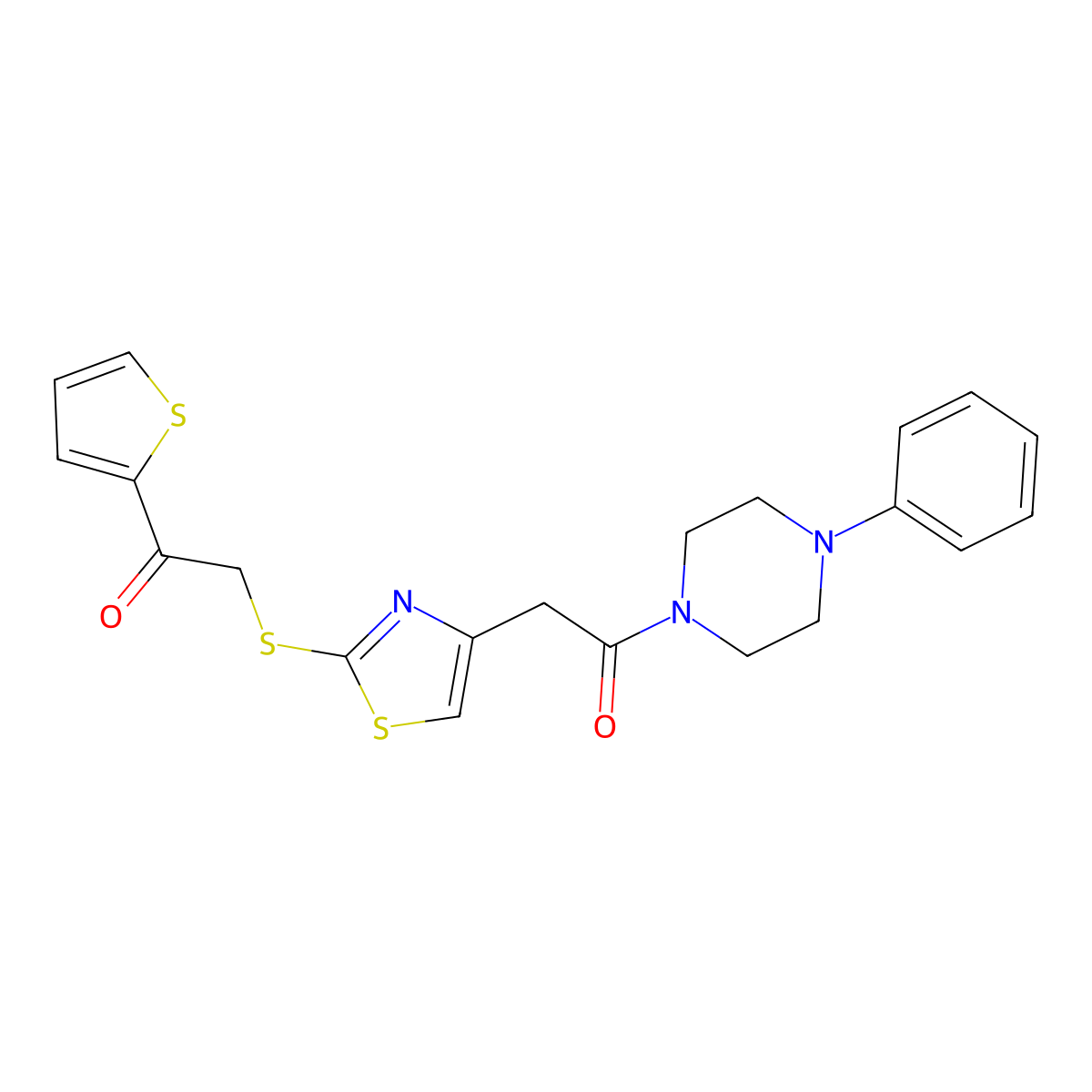 2-((4-(2-Oxo-2-(4-phenylpiperazin-1-yl)ethyl)thiazol-2-yl)thio)-1-(thiophen-2-yl)ethanone molecular structure, CAS 1021069-45-3