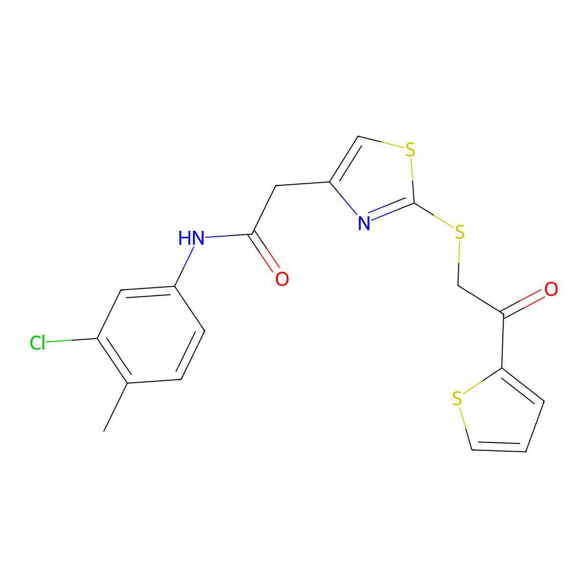 N-(3-chloro-4-methylphenyl)-2-(2-((2-oxo-2-(thiophen-2-yl)ethyl)thio)thiazol-4-yl)acetamide molecular structure, CAS 1021069-57-7