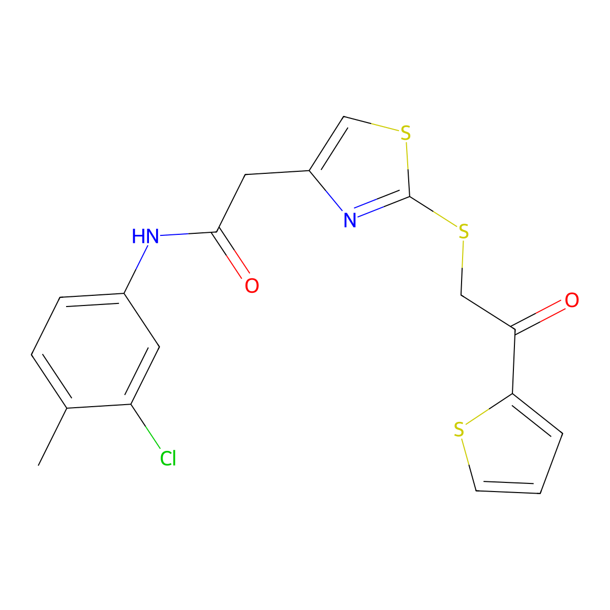 N-(3-chloro-4-methylphenyl)-2-(2-((2-oxo-2-(thiophen-2-yl)ethyl)thio)thiazol-4-yl)acetamide molecular structure, CAS 1021069-57-7