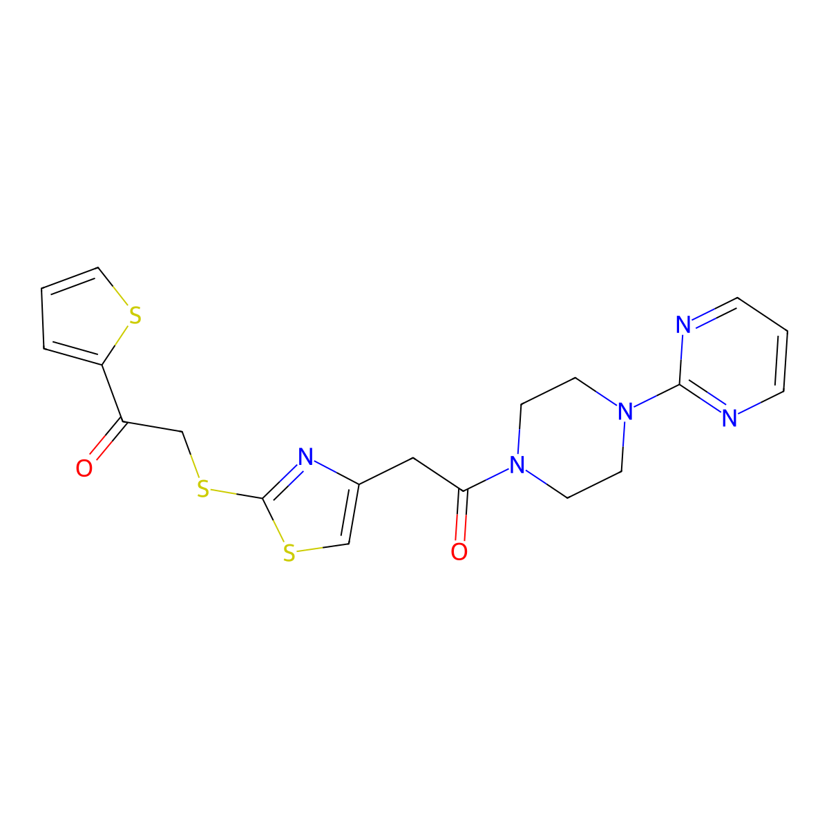 2-((4-(2-Oxo-2-(4-(pyrimidin-2-yl)piperazin-1-yl)ethyl)thiazol-2-yl)thio)-1-(thiophen-2-yl)ethanone molecular structure, CAS 1021069-65-7