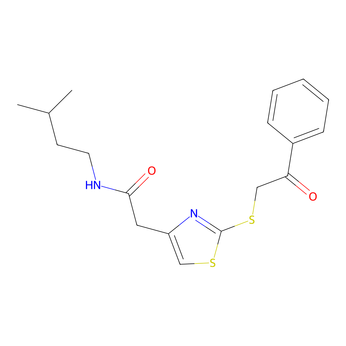 N-isopentyl-2-(2-((2-oxo-2-phenylethyl)thio)thiazol-4-yl)acetamide molecular structure, CAS 1021069-69-1
