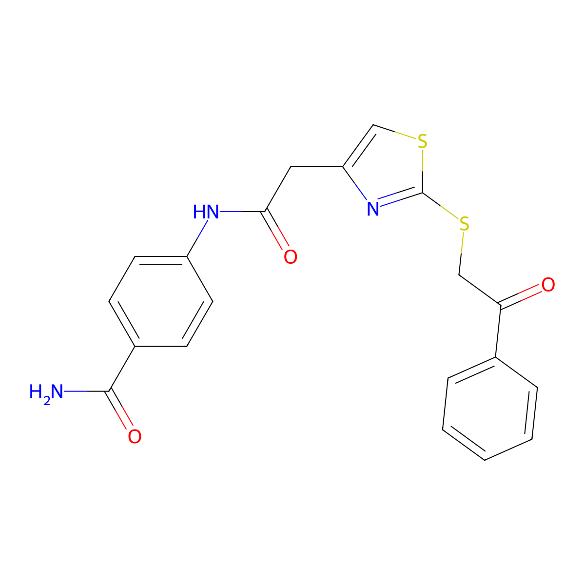 4-(2-(2-((2-Oxo-2-phenylethyl)thio)thiazol-4-yl)acetamido)benzamide molecular structure, CAS 1021069-73-7