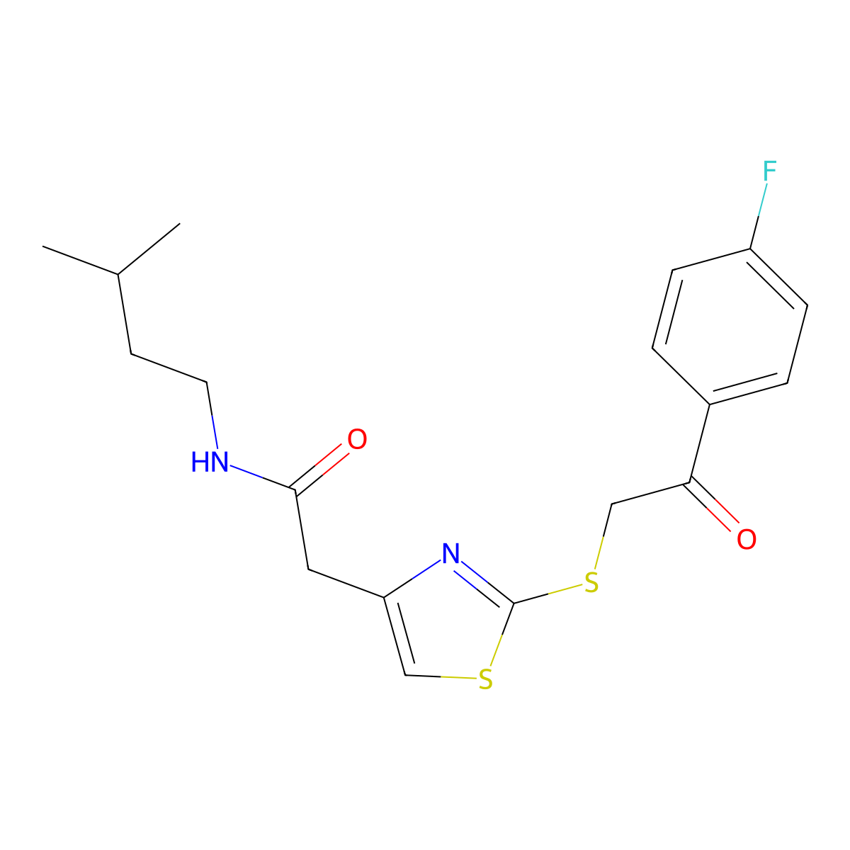 2-(2-((2-(4-fluorophenyl)-2-oxoethyl)thio)thiazol-4-yl)-N-isopentylacetamide molecular structure, CAS 1021069-81-7