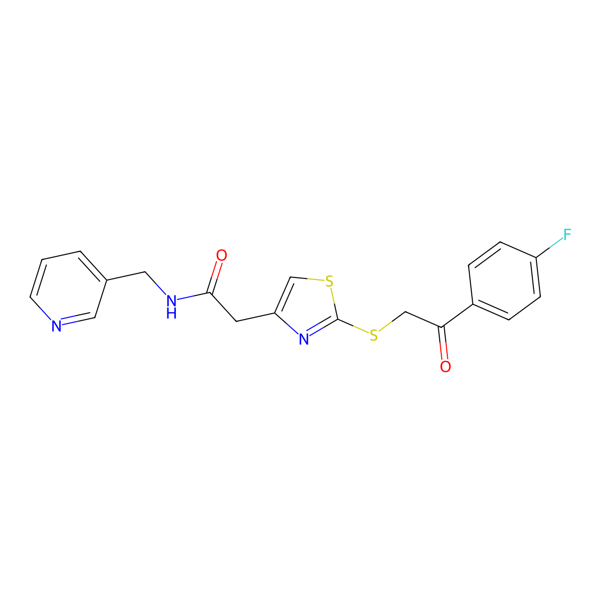 2-(2-((2-(4-fluorophenyl)-2-oxoethyl)thio)thiazol-4-yl)-N-(pyridin-3-ylmethyl)acetamide molecular structure, CAS 1021069-83-9