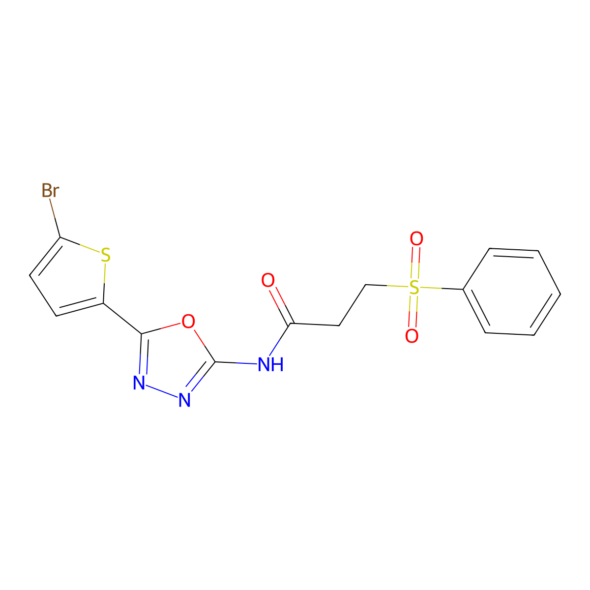N-(5-(5-bromothiophen-2-yl)-1,3,4-oxadiazol-2-yl)-3-(phenylsulfonyl)propanamide molecular structure, CAS 1021071-02-2