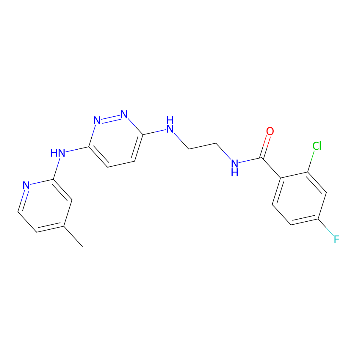 2-chloro-4-fluoro-N-(2-((6-((4-methylpyridin-2-yl)amino)pyridazin-3-yl)amino)ethyl)benzamide molecular structure, CAS 1021072-45-6