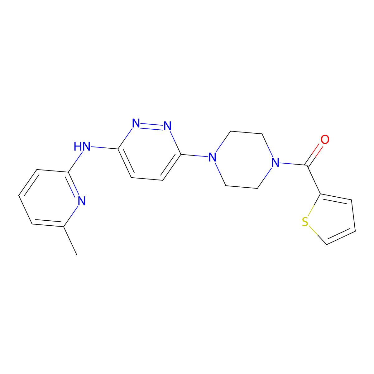 (4-(6-((6-Methylpyridin-2-yl)amino)pyridazin-3-yl)piperazin-1-yl)(thiophen-2-yl)methanone molecular structure, CAS 1021073-00-6