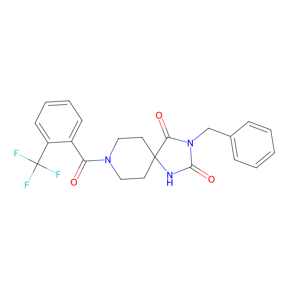 3-Benzyl-8-[2-(trifluoromethyl)benzoyl]-1,3,8-triazaspiro[4.5]decane-2,4-dione molecular structure, CAS 1021073-48-2