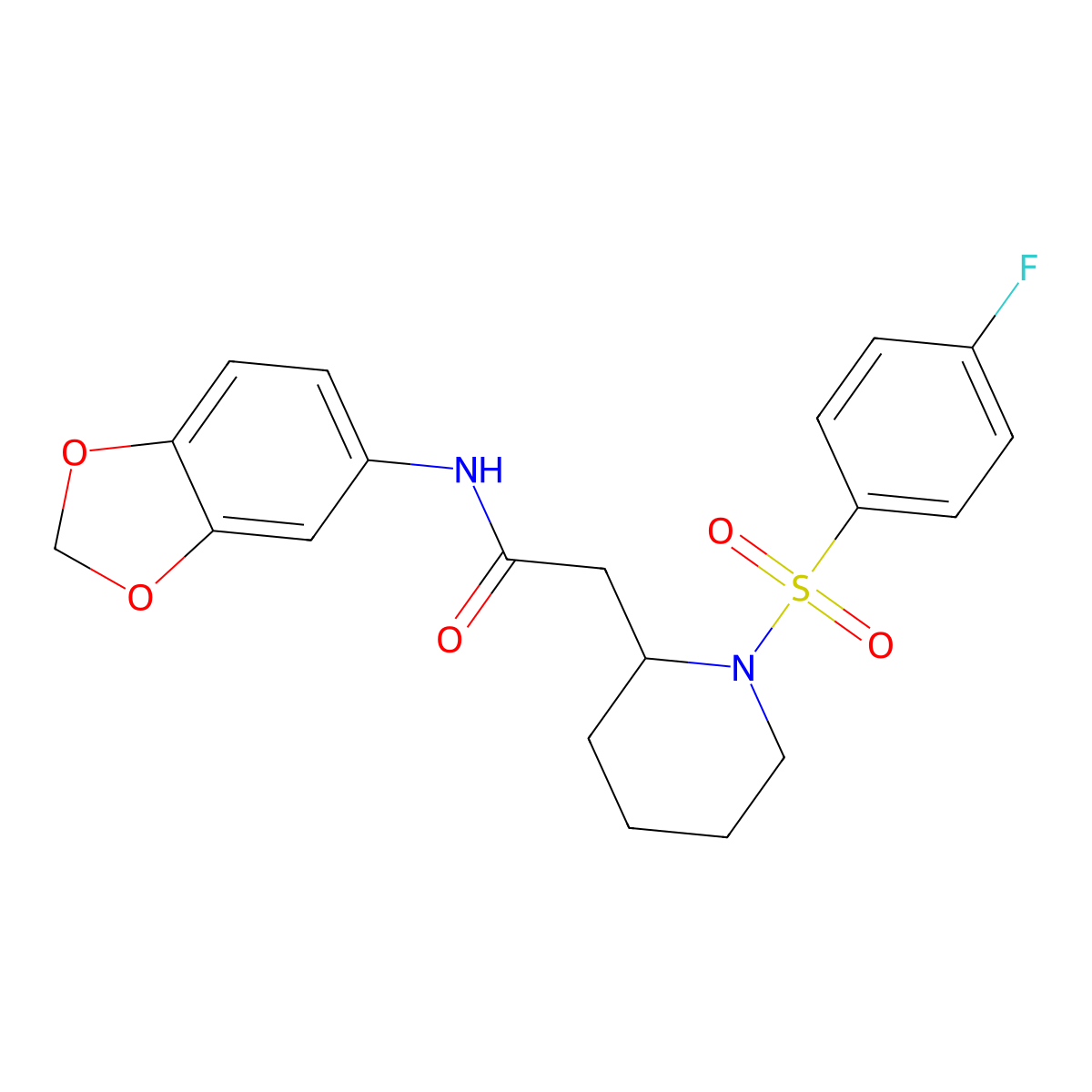 N-(benzo[d][1,3]dioxol-5-yl)-2-(1-((4-fluorophenyl)sulfonyl)piperidin-2-yl)acetamide molecular structure, CAS 1021074-45-2