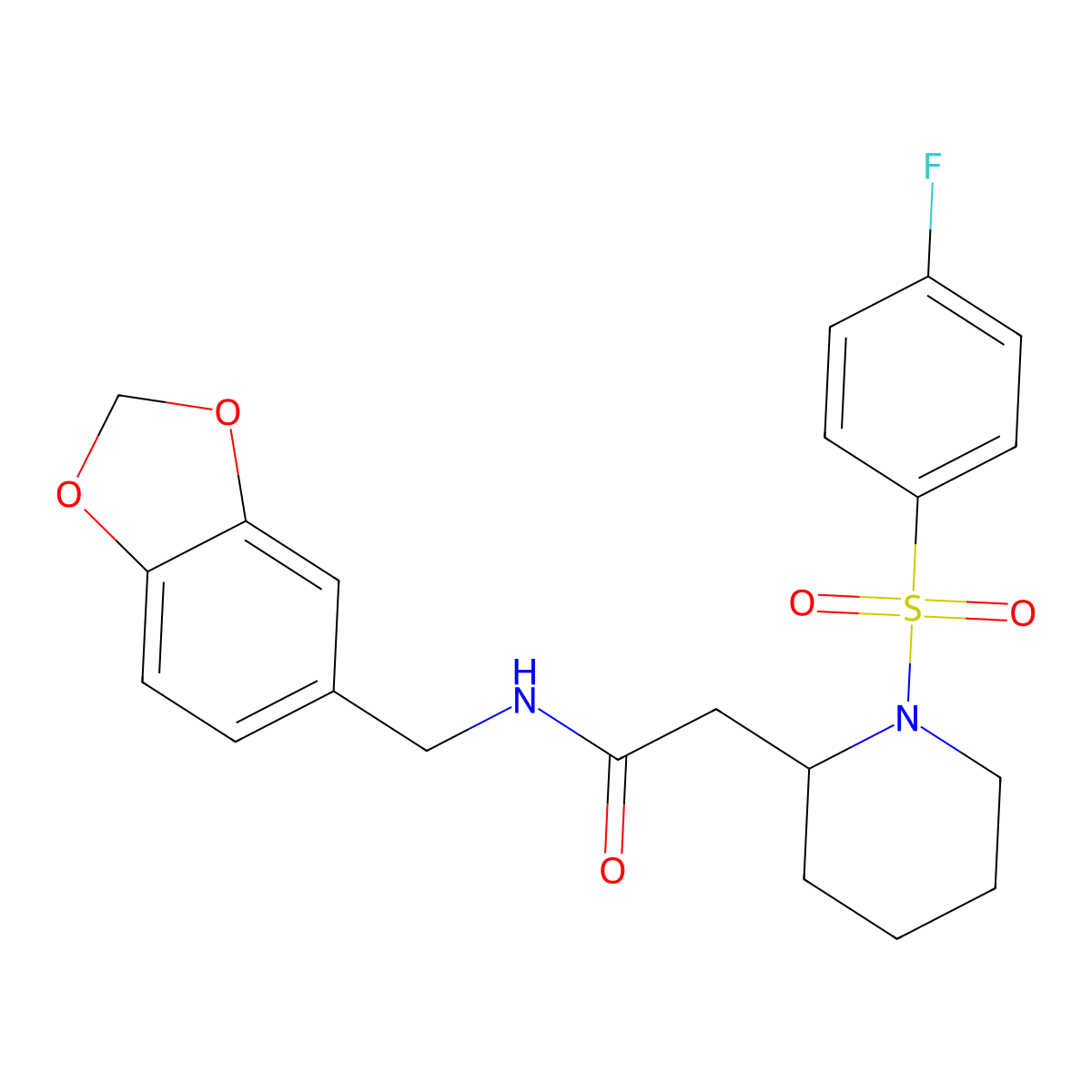 N-(benzo[d][1,3]dioxol-5-ylmethyl)-2-(1-((4-fluorophenyl)sulfonyl)piperidin-2-yl)acetamide molecular structure, CAS 1021074-51-0
